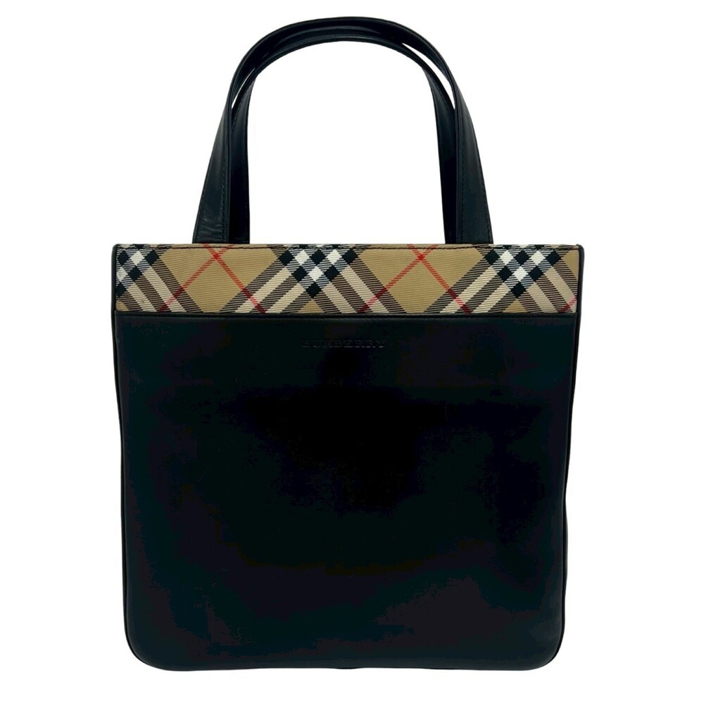 BURBERRY Logo Nova Check Pattern Leather and Canvas Handbag Mini Tote Bag Bla...